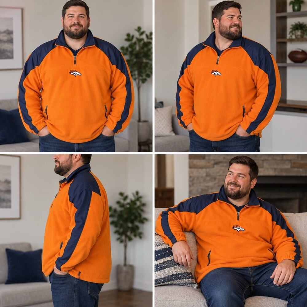 Denver Broncos NFL Men’s 2XL Orange Navy Quarter Zip Fleece Pullover